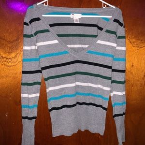 Striped gray green and blue V-neck sweater